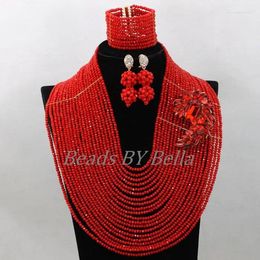 Ensemble de boucles d'oreilles et collier pour femmes, grandes perles complètes, rouge, Costume de mariée africaine, mariage nigérian, cristal ABK597