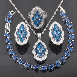 Collana Orecchini Set Incredibile zircone blu Colore argento Donna Anello pendente braccialetto di cristallo da sposa QS0505
