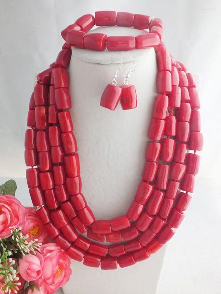 Conjunto de collar y pendientes, increíbles cuentas de Coral rojo, conjuntos artificiales nigerianos africanos para boda
