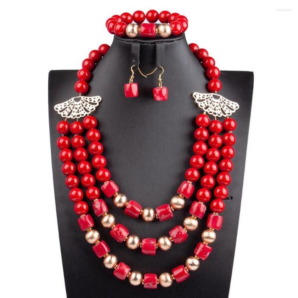 Collier Boucles D'oreilles Ensemble Incroyable Perles De Corail Rouge Bib Bijoux Et Or Mariage Nigérian 14 MM Pierre Original WE308