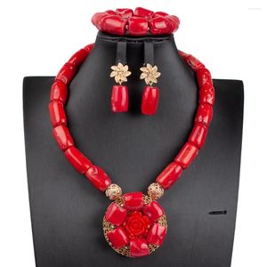 Collier Boucles D'oreilles Ensemble Incroyable Rouge Naturel Perles De Corail Bijoux Rose Fleur Pendentif Pour Mariage Africain CNR103