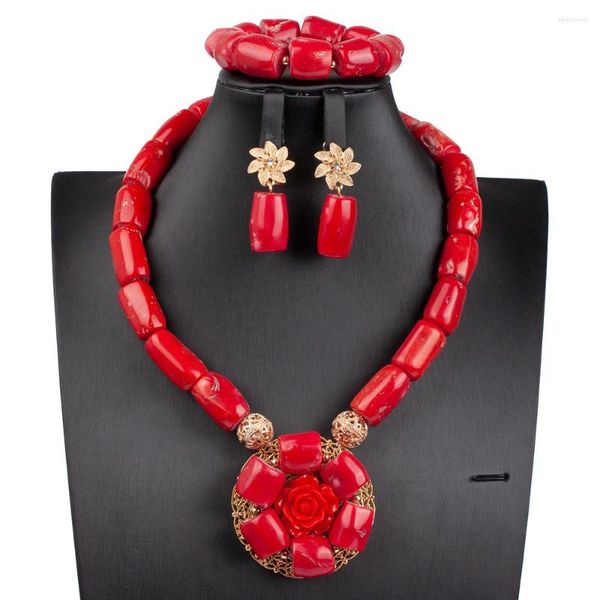 Conjunto de pendientes de collar, joyería de cuentas de Coral Natural rojo increíble, colgante de flor rosa para boda africana CNR103