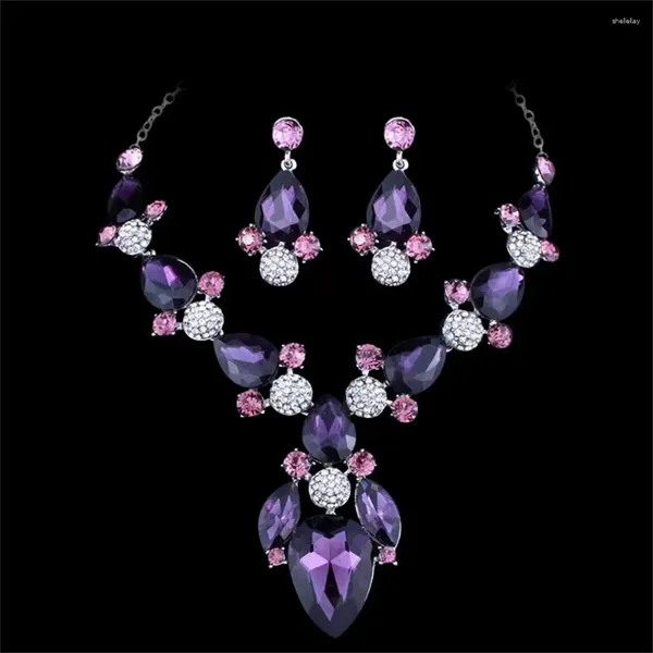 Collier boucles d'oreilles ensemble incroyable rouge violet cristal fleur élégant collier boucle d'oreille bijoux cadeau mariage mariée luxe femme accessoires
