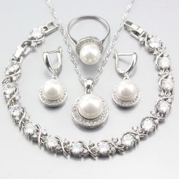 Ketting oorbellen Set verbazingwekkende ronde zoetwaterparels natuurlijke witte zirkoon zilveren kleur voor vrouwen kerstcadeau kostuum