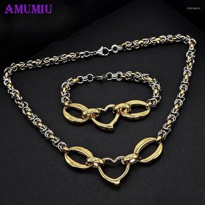 Boucles d'oreilles de collier ensemble Amumiu Heart Shape Gold Color Pendant Bracelets Set Women Jewelry JS163