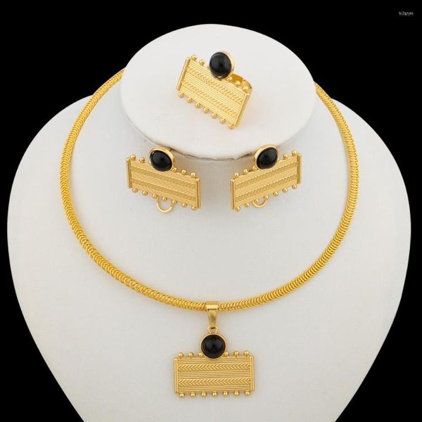 Conjunto de aretes de collar y joyería Anillo de dedo de color dorado africano para mujer Piedra de compromiso de fiesta plateada
