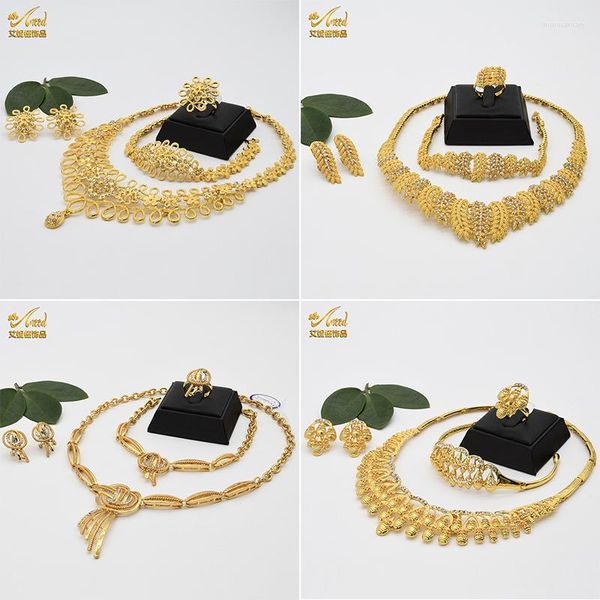 Collier Boucles D'oreilles Ensemble ANIID Pour Les Femmes Dubaï Africain Plaqué Or Anneaux De Mariée Nigérian Mariage Bijoux Cadeau