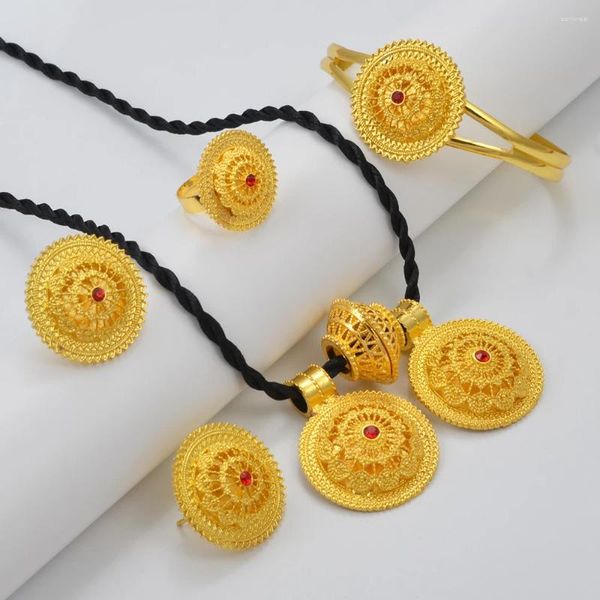 Collier boucles d'oreilles ensemble Anniyo 4 pièces ensembles éthiopien couleur or bijoux pour Bracelet bague érythréen Habesha mariage traditionnel #181116