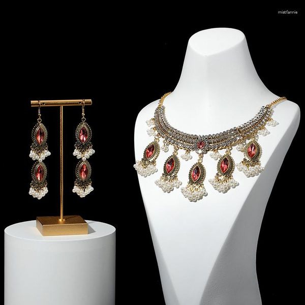 Ensemble collier et boucles d'oreilles couleur or Antique, cristal rose et accessoires pour femmes, strass Vintage, perle, cadeau de fête
