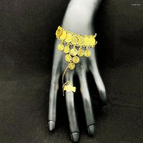 Ensemble de collier et boucles d'oreilles en forme de pièce d'or arabe, disque de voiture, fleur, fil à main réglable, deux pièces, Bracelet, bague, bijoux pour femmes