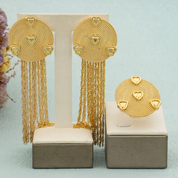Ensemble de boucles d'oreilles et collier pour femmes, anneau cerceau arabe dubaï avec boîte, bijoux couleur or, pompon bohème, élégant, cadeau de mariage en cuivre