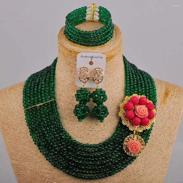 Collar Pendientes Conjunto Ejército Verde Teal Traje Joyería Africana Cuentas Nigerianas Novia