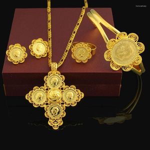 Collier boucles d'oreilles ensemble arrivée éthiopienne 5 pièces pièce croix mariage 24K couleur or mariée romantique Habesha bijoux pour femmes cadeaux