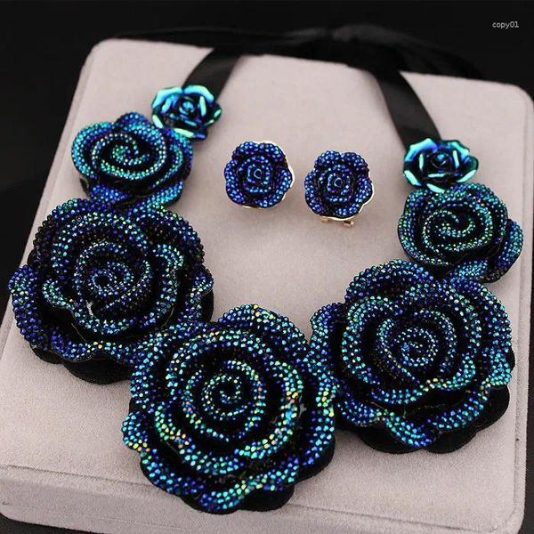 Conjunto de collar y pendientes, collares de moda de alta calidad, colgantes de flores de resina azul grande, declaración gruesa para mujer X1629