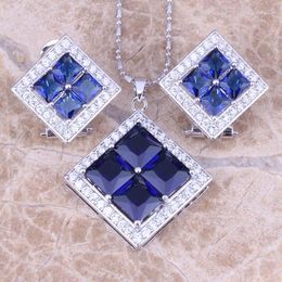 Ketting oorbellen set aantrekkelijk blauw kubieke zirkonia witte cz verzilverde hanger s0811