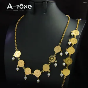 Boucles d'oreilles de collier Set Ayong Arab Coin Wedding Party 21K Gold plaquette des perles de la chaîne Dubaï Jewelrys et ethnique de luxe arabe bijoux