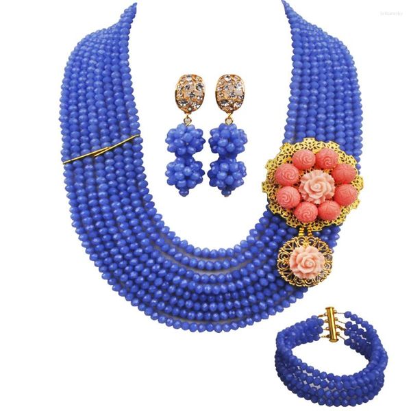 Ensemble collier et boucles d'oreilles en perles de cristal bleu azur, bijoux africains, Costume de mode pour mariage