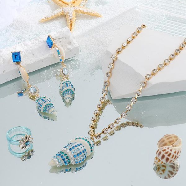 Collier boucles d'oreilles ensemble azur conque pendentif résine géométrique Zircon bleu tournesol anneau pour femmes mode océan bijoux