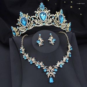 Ketting Oorbellen Set Babyblauw Kristal Waterdruppel Bruids Luxe Tiara's Kroon Bruiloft Dubai Sieraden Roze