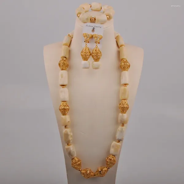 Ensemble collier et boucles d'oreilles pour robe de Banquet, accessoires de mariage nigérian, corail naturel blanc, bijoux de mariée africaine pour femmes AU-649