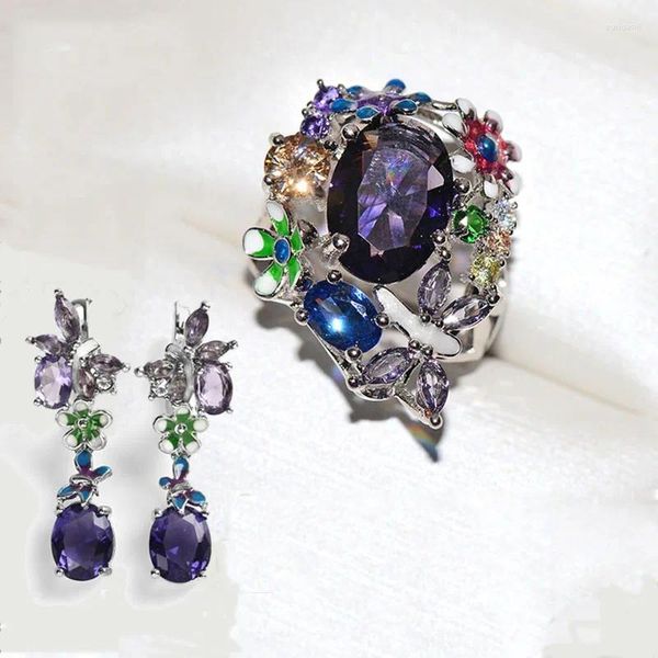 BAOSHINA – ensemble de boucles d'oreilles et collier de luxe pour femmes, bijoux de mariage en Zircon, fleur violette, papillon, accessoires de bague pour filles