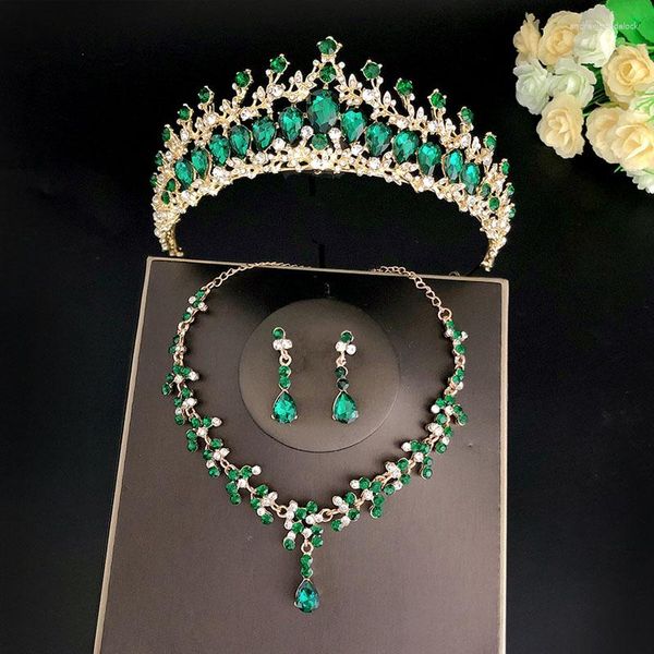 Ensemble de boucles d'oreilles et collier pour femmes, style Baroque, couleur or, cristal vert, diadèmes en strass, couronnes, bijoux de mariage de dubaï