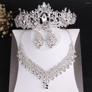 Ketting oorbellen set barokke luxe kristallen kralen bruids strass rhinestone tiaras kroon bruiloft Afrikaanse haar sieraden