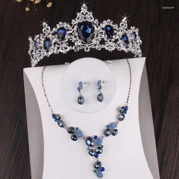 Ensemble de boucles d'oreilles et collier de luxe baroques, plaqué argent, cristal bleu, couronne diadème, bijoux de mariage en perles africaines