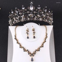 Ensemble collier et boucles d'oreilles baroques Vintage, diadèmes en cristal noir, couronnes en fausses perles, accessoires de mariage pour femmes
