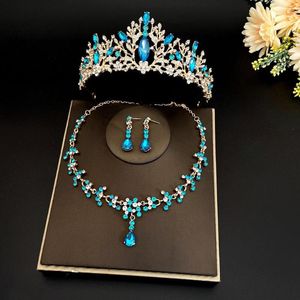 Ketting oorbellen set barokke bruiloft hemel blauw kristallen kroon oorrange strass tiara voor verjaardagsfeestje bruids bijoux femme
