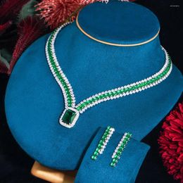 Ketting Oorbellen Set BeaQueen Grote Groene Rechthoek Kubieke Zirkoon 3 Lagen Brede Dikke Oorbel Dure Vrouwen Bruids Bruiloft Sieraden JS394