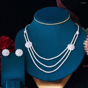 BeaQueen – ensemble de 2 colliers et boucles d'oreilles multicouches, couleur or blanc, fleur, ras du cou, bijoux de luxe pour femmes, fête de mariage, JS406