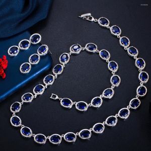 Collier boucles d'oreilles ensemble BeaQueen superbe grand ovale bleu foncé cubique zircone pierres tour de cou mariage pour les femmes JS272