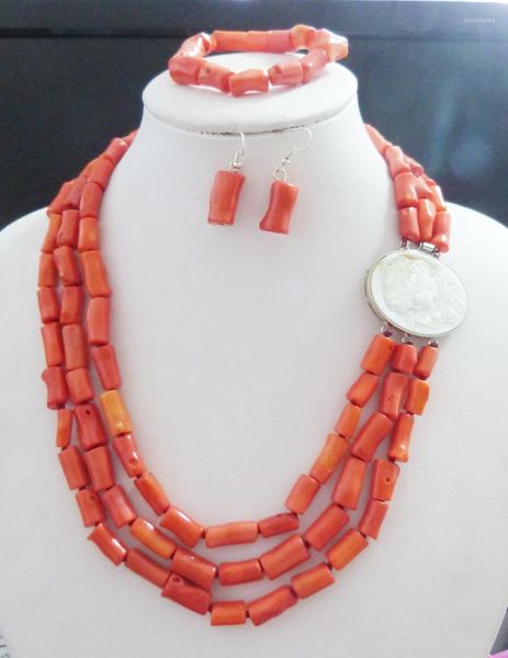Conjunto de pendientes de collar, diseño de joyería de cuentas de Coral para boda africana a la moda para mujer