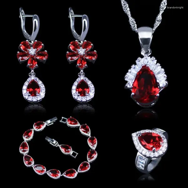 Conjunto de collar y pendientes, gran oferta, joyería de disfraz de plata y piedra roja para mujer, pulsera con anillo de gota de pera en la tienda