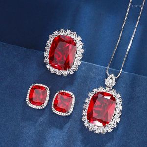 Ensemble de boucles d'oreilles et collier pour femmes, grand carré, rubis rouge, pendentif en Zircon cubique, bague réglable, bijoux