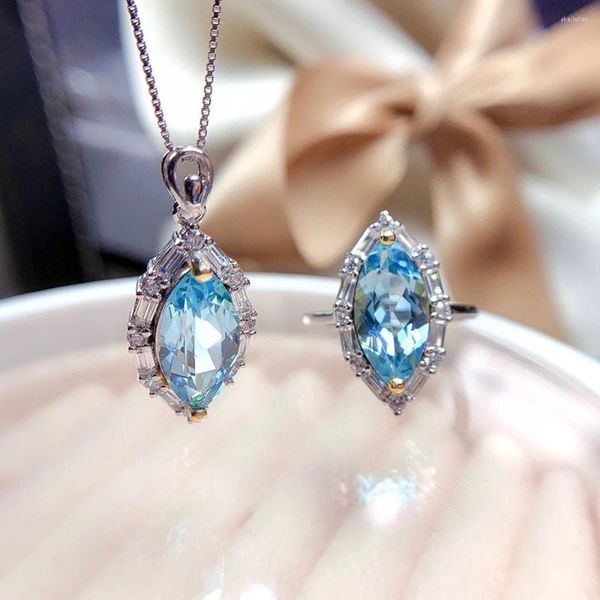 Conjunto de collar y pendientes con forma de ojo de piedra grande, anillos de circonio azul para mujer, colgantes de Color oro blanco de lujo, regalo de fiesta de boda KA126