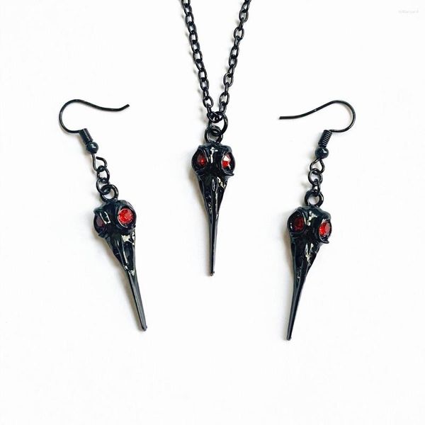 Conjunto de aretes de collar Cráneo de cuervo 3D negro con cuentas rojas Regalo divertido de Steampunk gótico vintage