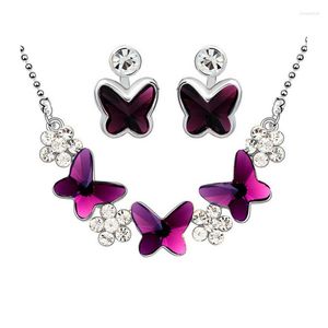 Ensemble de boucles d'oreilles et collier en cristal autrichien noir et violet, bijoux papillon en argent pour femmes, mariage Se