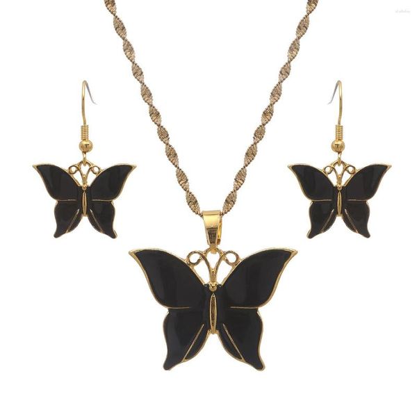 Conjunto de pendientes de collar, cadena con colgante de mariposa negra, anillo para mujeres y niñas, regalo de fiesta africana