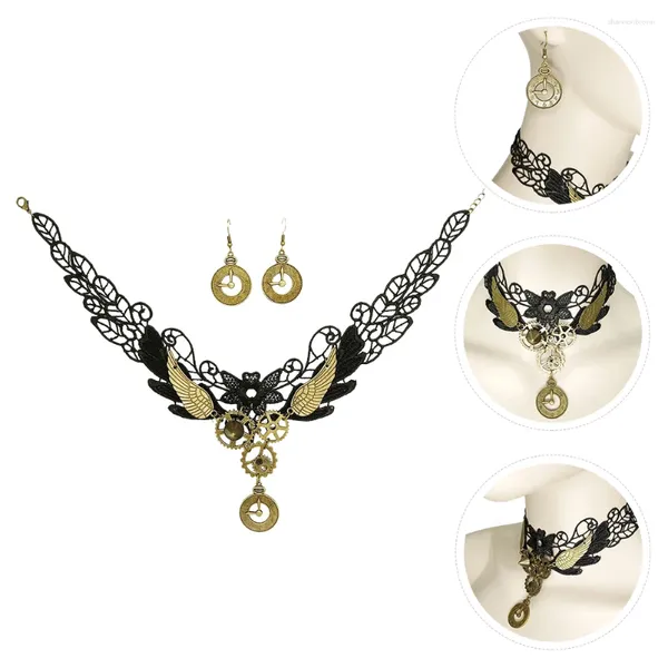 Ensemble de boucles d'oreilles et collier, bijoux noirs, ensembles gothiques pour Costume Steampunk, Punk Vintage, pendentif ras du cou Lolita