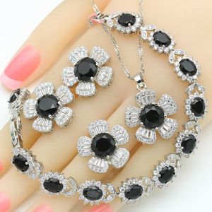 Collier Boucles d'oreilles Set Black Zircon Silver Color Wedding For Women Party Bracelet Pendant Ring Gift Saint Valentin