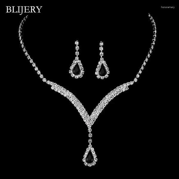 Collier Boucles d'oreilles Set Blijery Silver plaquée V Fonctiones nues Bridal Crystal Deardrop Party pour les femmes