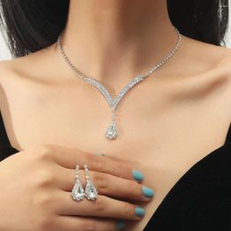 Ketting oorbellen set blaijery traan kristal bruids bridal zilveren kleurstïne -strass v -vormige bruiloft sieraden voor vrouwen