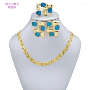 Ensemble de boucles d'oreilles et collier de couleur bleue pour femmes, bijoux de mariée, bague ouverte en or de dubaï, ensembles de boucles d'oreilles pour fête de mariage dorée