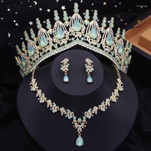 Ensemble de boucles d'oreilles et collier pour femmes, couronne bleue, diadème en opale, bijoux de bal de mariage, accessoires de Costume