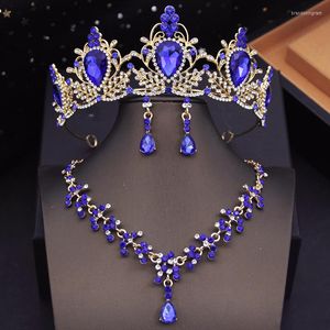 Ketting oorbellen Set Blue Crown Bridal voor vrouwelijke chokersets met tiaras bruid trouwjurk prom sieraden mode -accessoires