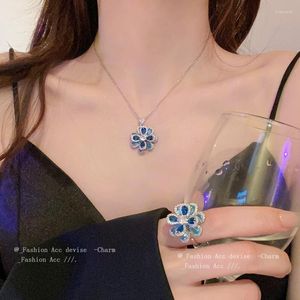 Ketting Oorbellen Set Blauwe Bloem Ringen Voor Vrouwen Meisje Multilayer Zirkoon Hanger Elegante Luxe Ketting Verjaardagsfeestje Sieraden Geschenken Groothandel