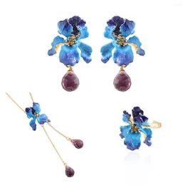 Ensemble de boucles d'oreilles et collier pour femme, dégradé de bleu, Iris, clous d'oreille, anneau à Clip, émail frais et élégant