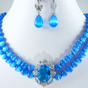 Ensemble de collier et boucles d'oreilles en opale bleue pour femmes, collier ras du cou à deux couches, bijoux papillon, cristal CZ, Zircon